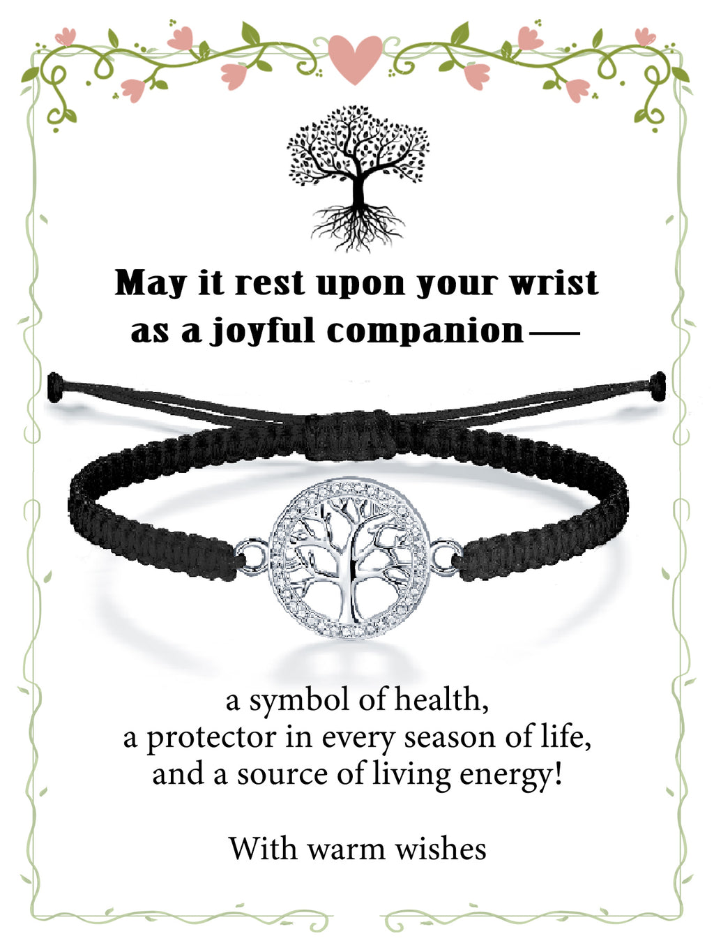 Tree of Life Bracelet Sterling Silver & Zirconia | Handmade Cord | Sentiment Card
