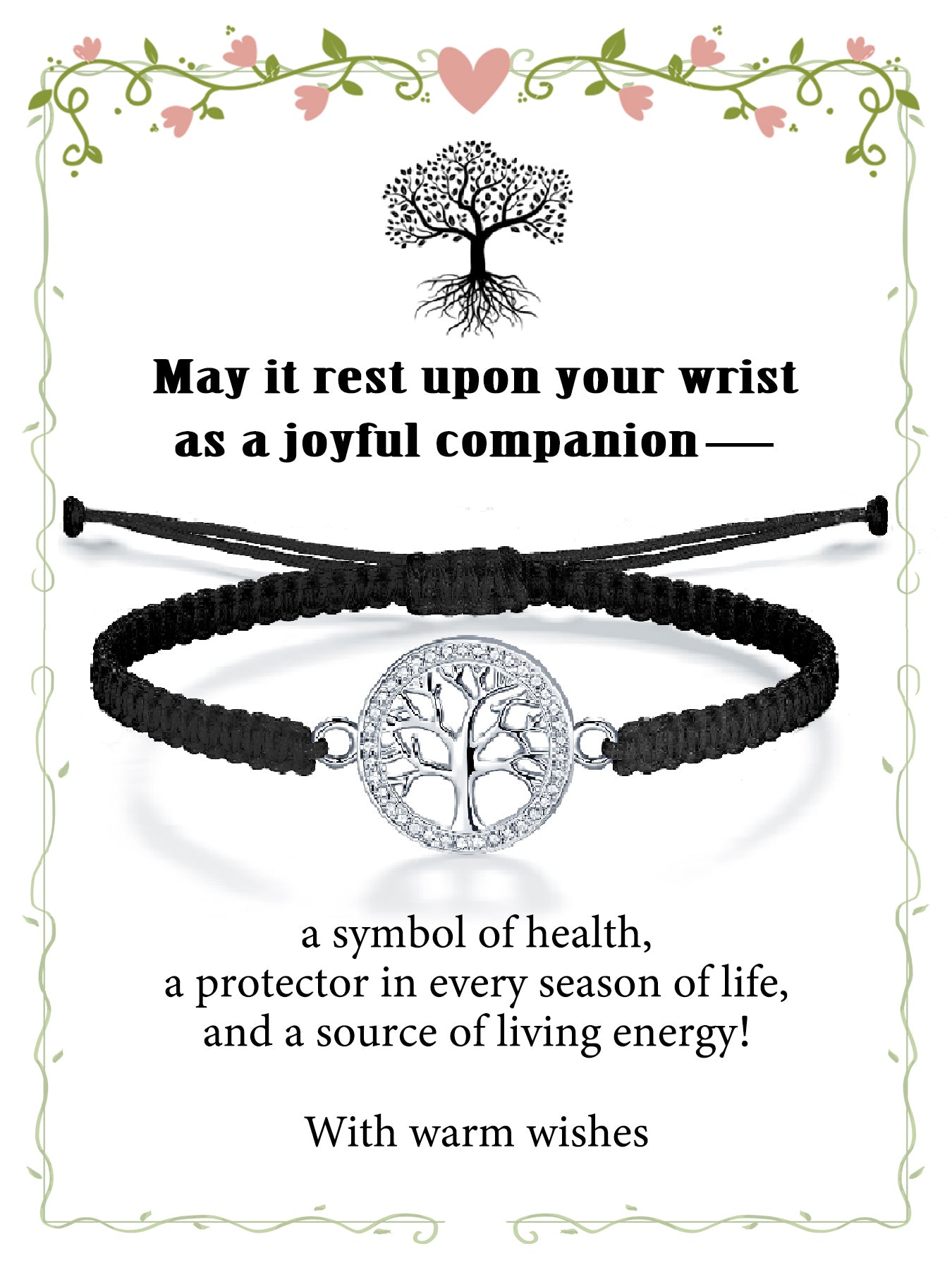 Tree of Life Bracelet Sterling Silver & Zirconia | Handmade Cord | Sentiment Card