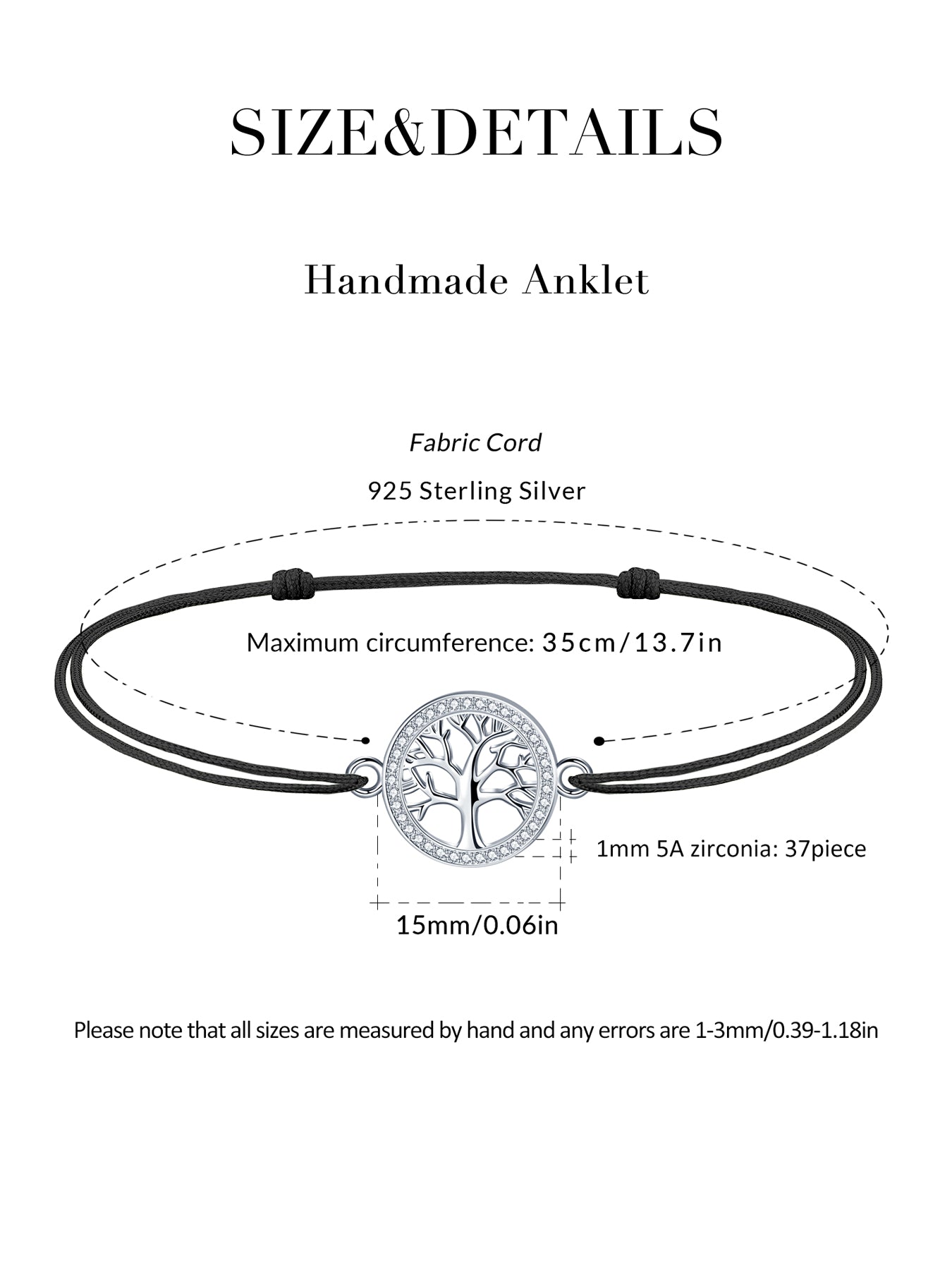 Tree of Life Anklet for Women Girls Sterling Silver Summer Beach Rope Anklets Love Friendship Gift Handmade 37cm Adjustable