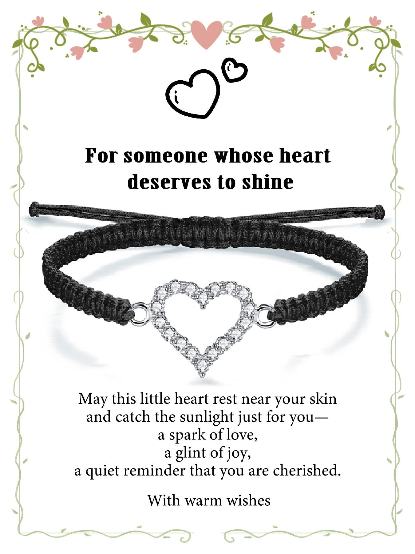 Sterling Silver Heart Bracelet with Sparkling Zirconia | Handmade Cord | with Sentiment Cards