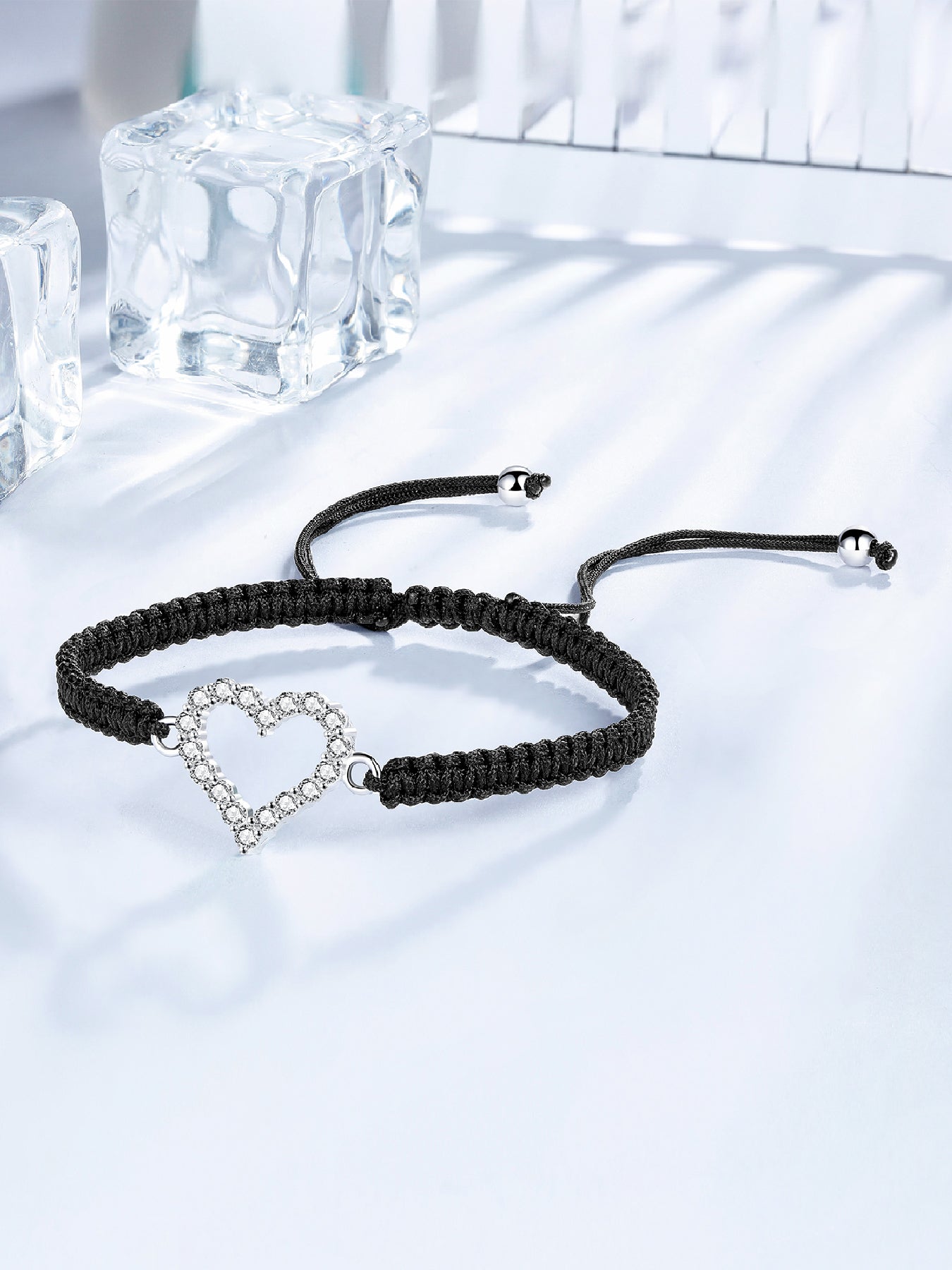 Sterling Silver Heart Bracelet with Sparkling Zirconia | Handmade Cord | with Sentiment Cards