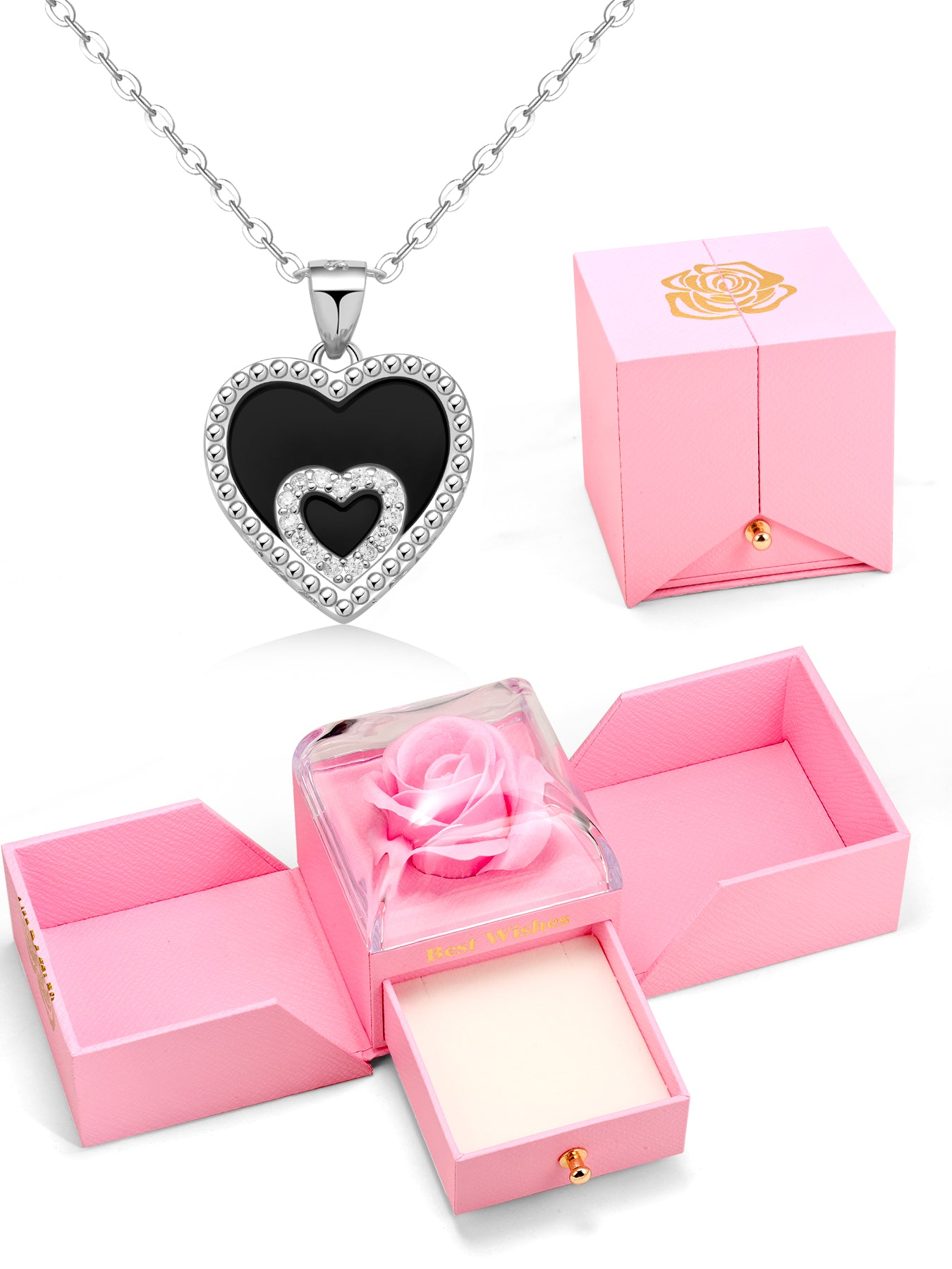 J.Endéar Natural Onyx & Mother of Pearl Heart Pendant Necklace for Women 925 Sterling Silver & Zircon, Valentine's Day Anniversary Birthday Gifts for Her with Box and Card