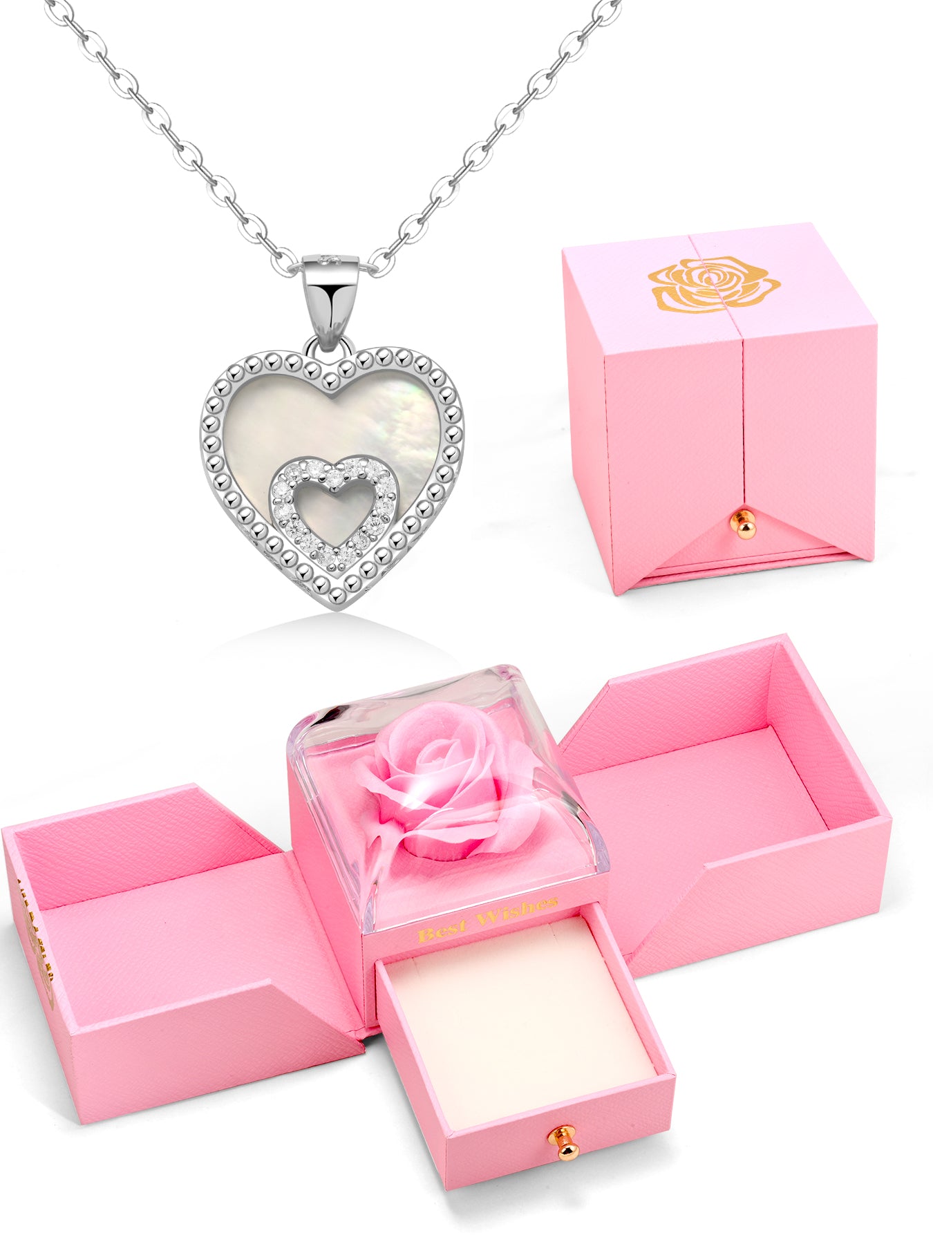 J.Endéar Natural Onyx & Mother of Pearl Heart Pendant Necklace for Women 925 Sterling Silver & Zircon, Valentine's Day Anniversary Birthday Gifts for Her with Box and Card