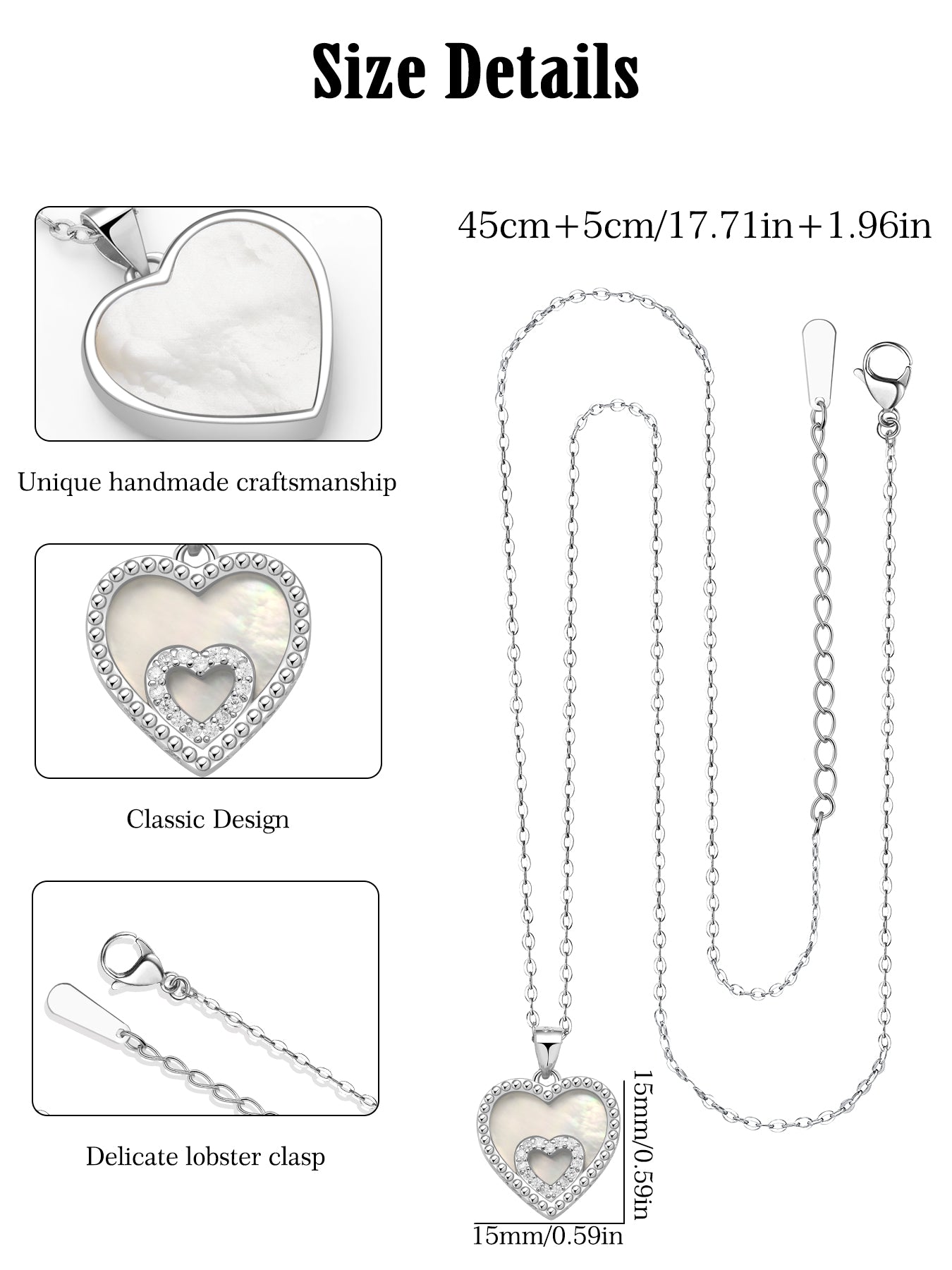 J.Endéar Natural Onyx & Mother of Pearl Heart Pendant Necklace for Women 925 Sterling Silver & Zircon, Valentine's Day Anniversary Birthday Gifts for Her with Box and Card