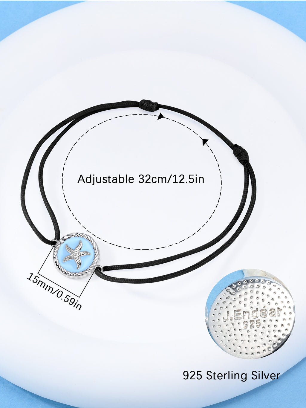JENDEAR black starfish anklet size guide – adjustable 32cm/12.5in, 15mm charm, J.Endear 925 sterling silver stamp