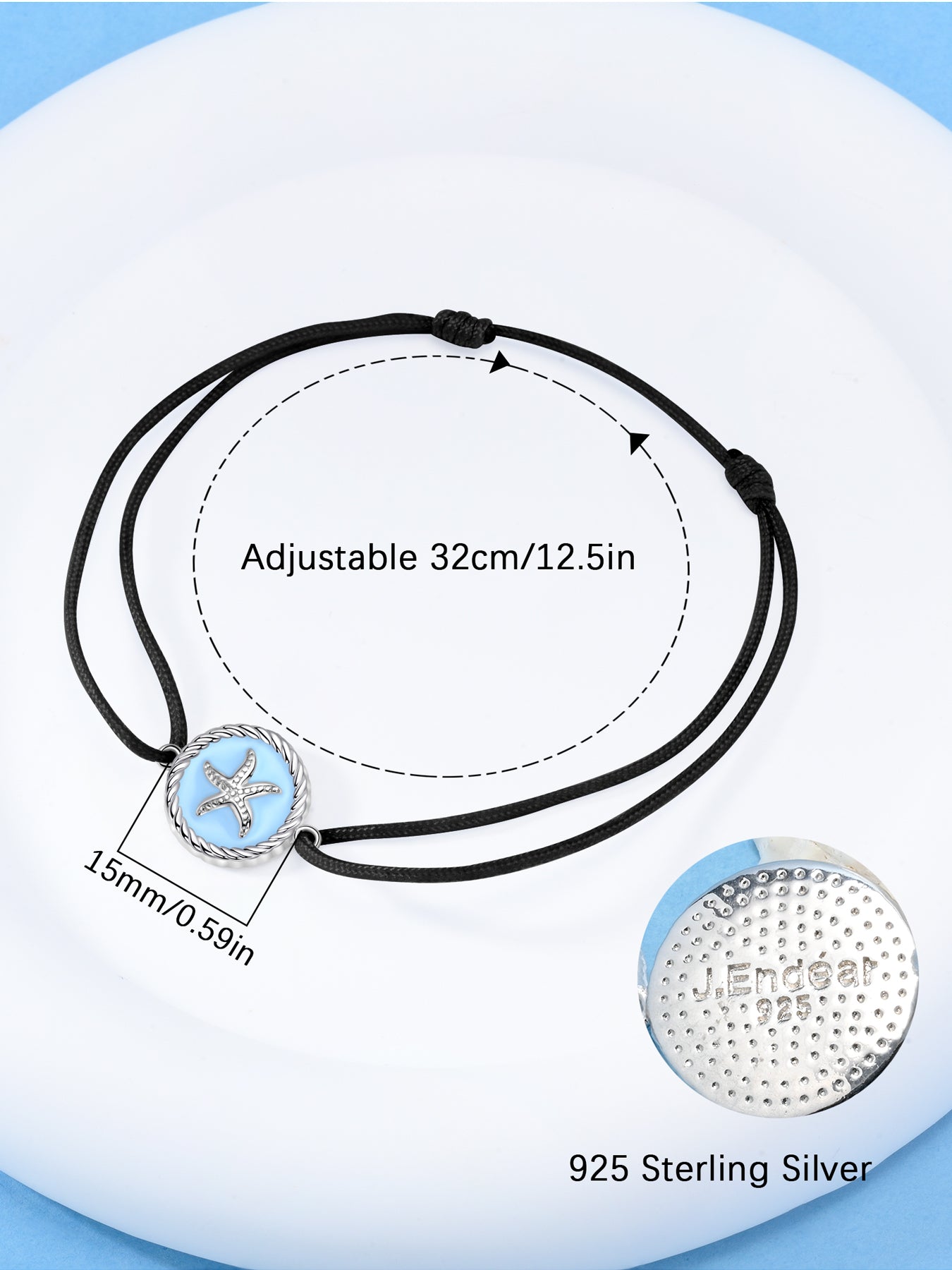 JENDEAR black starfish anklet size guide – adjustable 32cm/12.5in, 15mm charm, J.Endear 925 sterling silver stamp