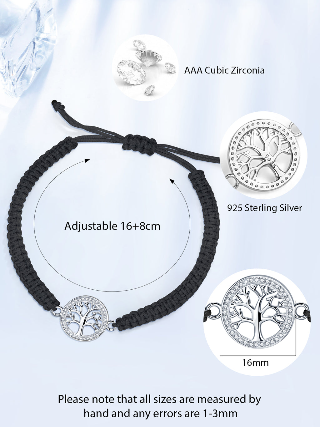 Tree of Life Bracelet Sterling Silver & Zirconia | Handmade Cord | Sentiment Card