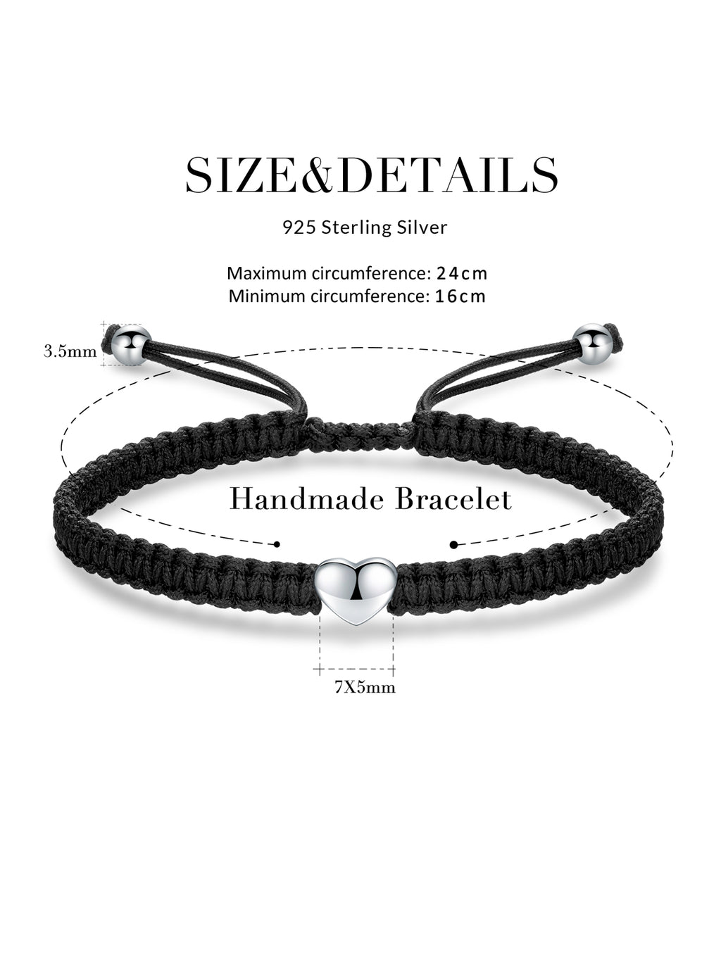 Handmade 925 Sterling Silver Heart Rope Bracelet