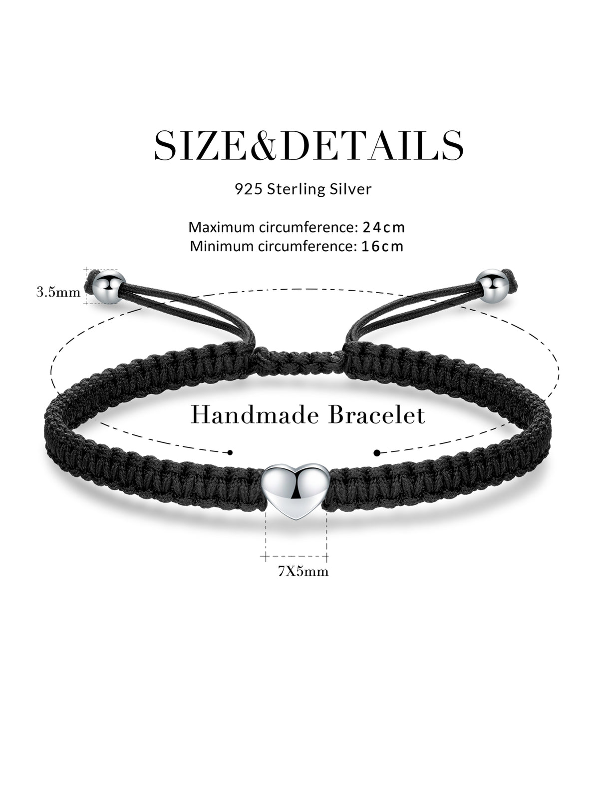 Handmade 925 Sterling Silver Heart Rope Bracelet