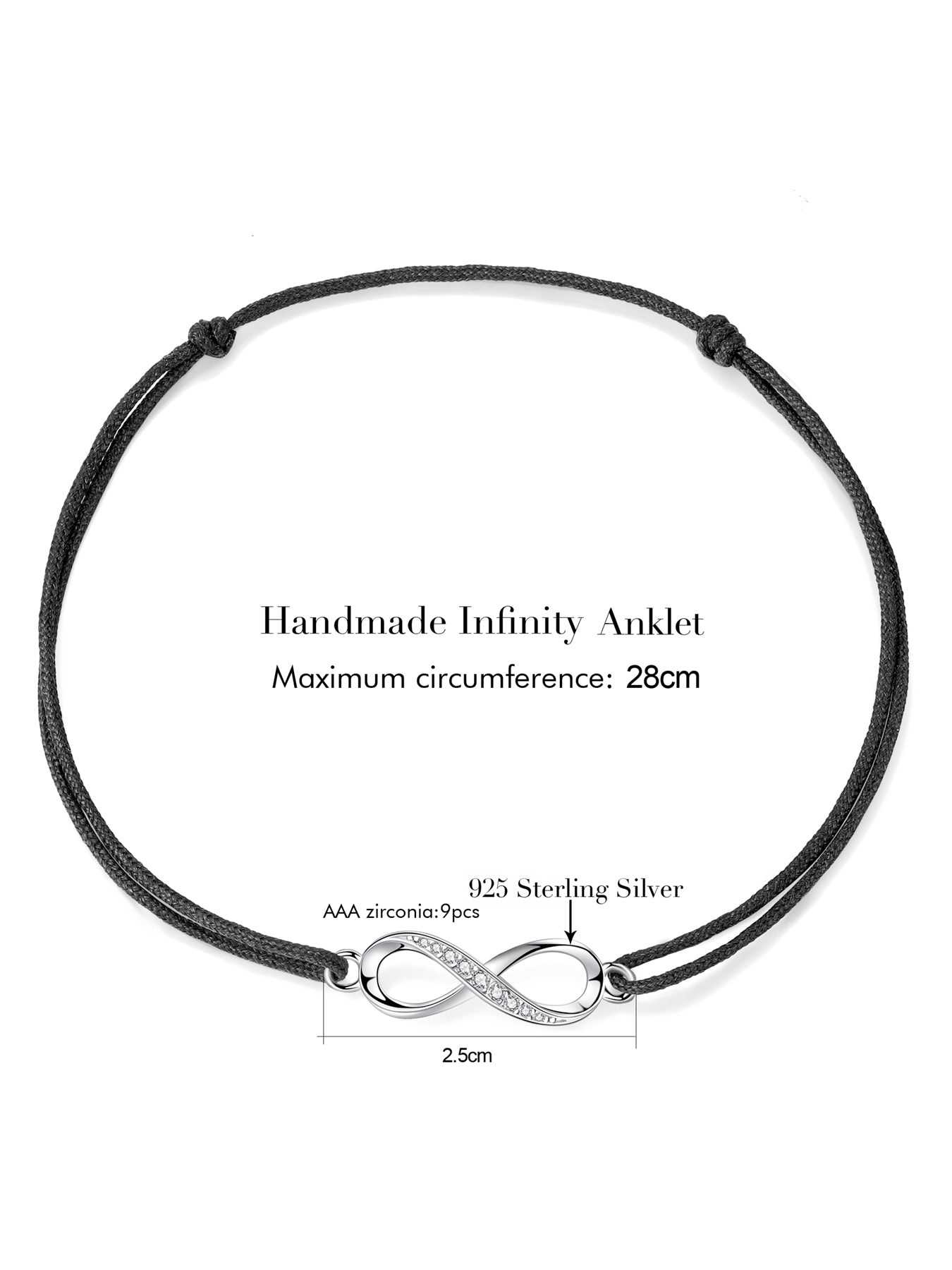 Infinity Anklet for Women Girls 925 Sterling Silver Rope Ankle Bracelets Handmade 34cm Adjustable Love Friendship Gift