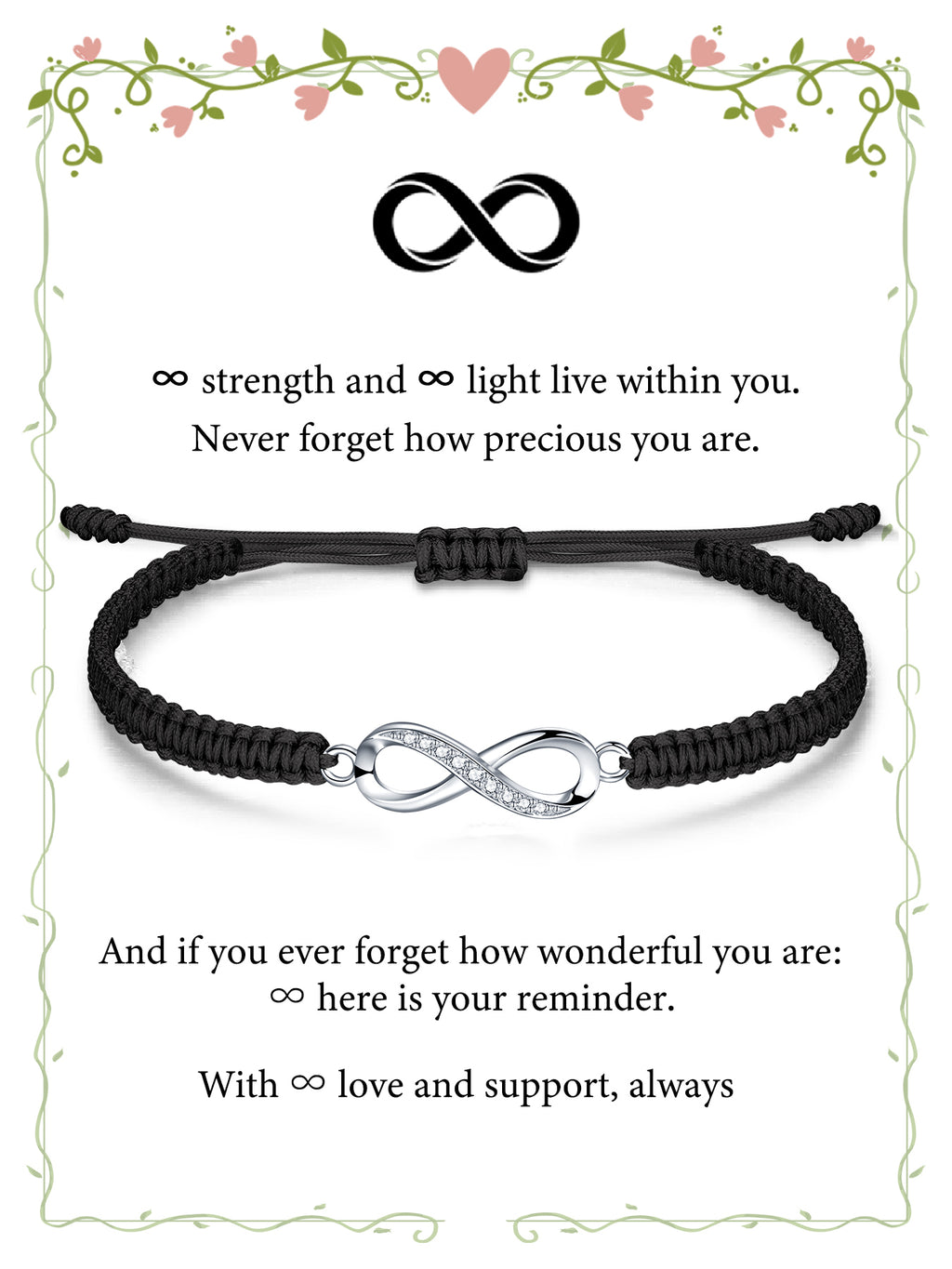 Infinity Bracelet Sterling Silver & Zirconia | Handmade Cord | Sentiment Card