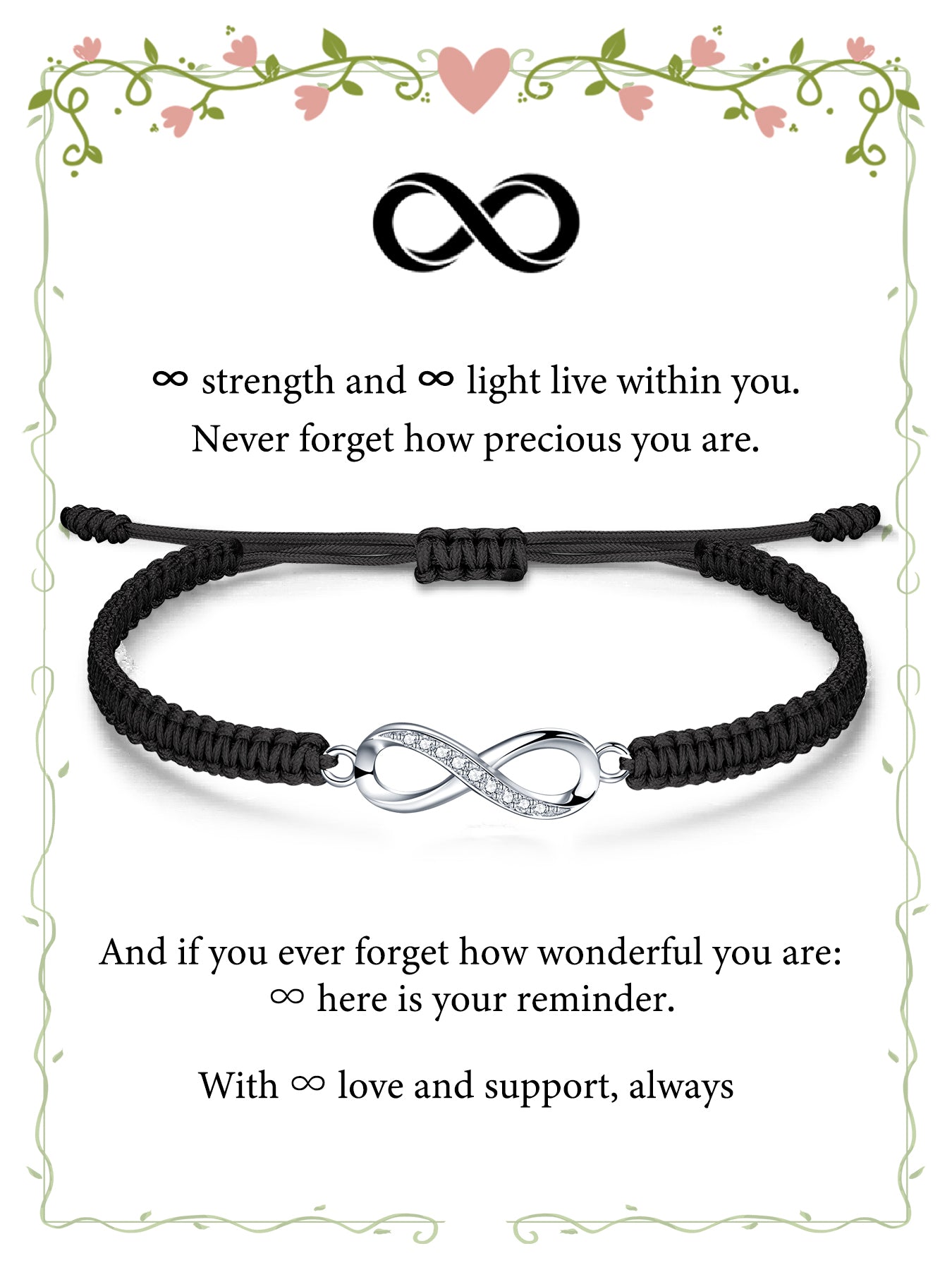 Infinity Bracelet Sterling Silver & Zirconia | Handmade Cord | Sentiment Card
