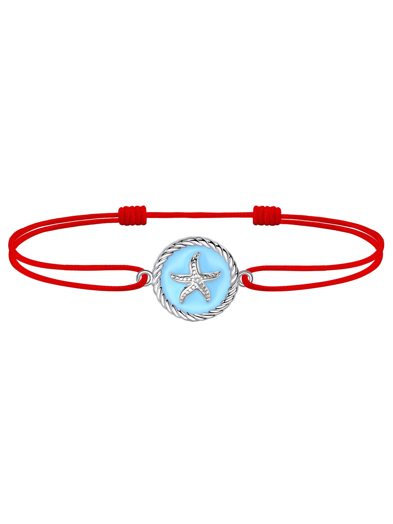 JENDEAR red starfish anklet with blue enamel silver charm, 925 sterling silver, white background