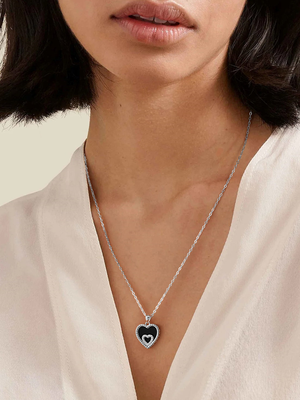 Natural Onyx & Mother of Pearl Heart Pendant Necklace for Women 925 Sterling Silver & Zircon, Valentine's Day Anniversary Birthday Gifts for Her with Box and Card