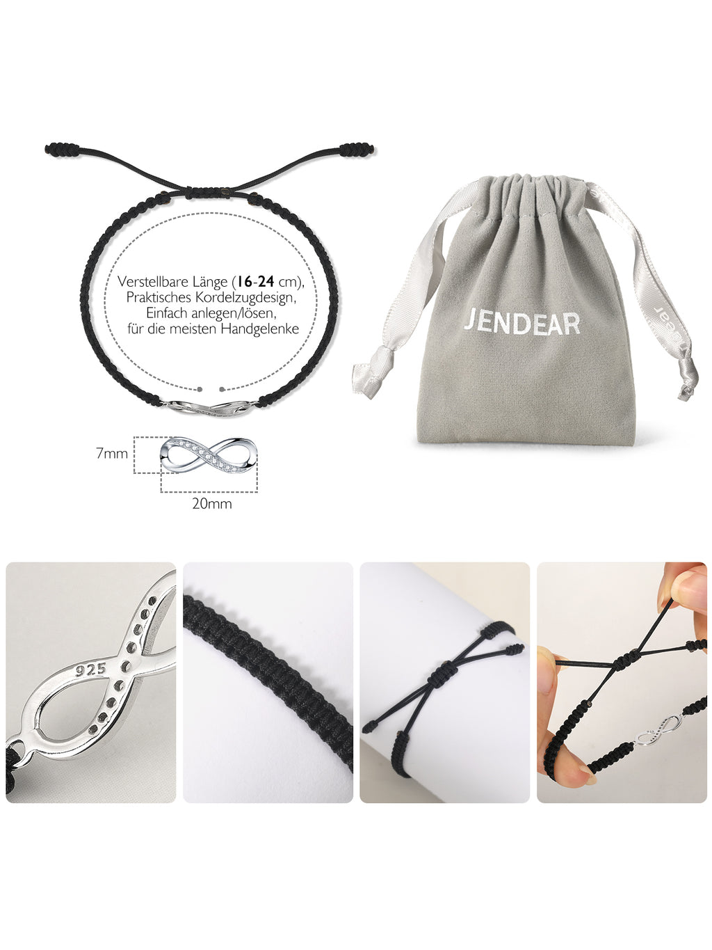 Infinity Bracelet Sterling Silver & Zirconia | Handmade Cord | Sentiment Card
