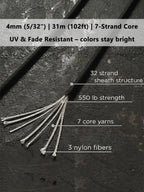 550 Paracord for Bracelet Making – 4mm (5/32")×31m (102ft)