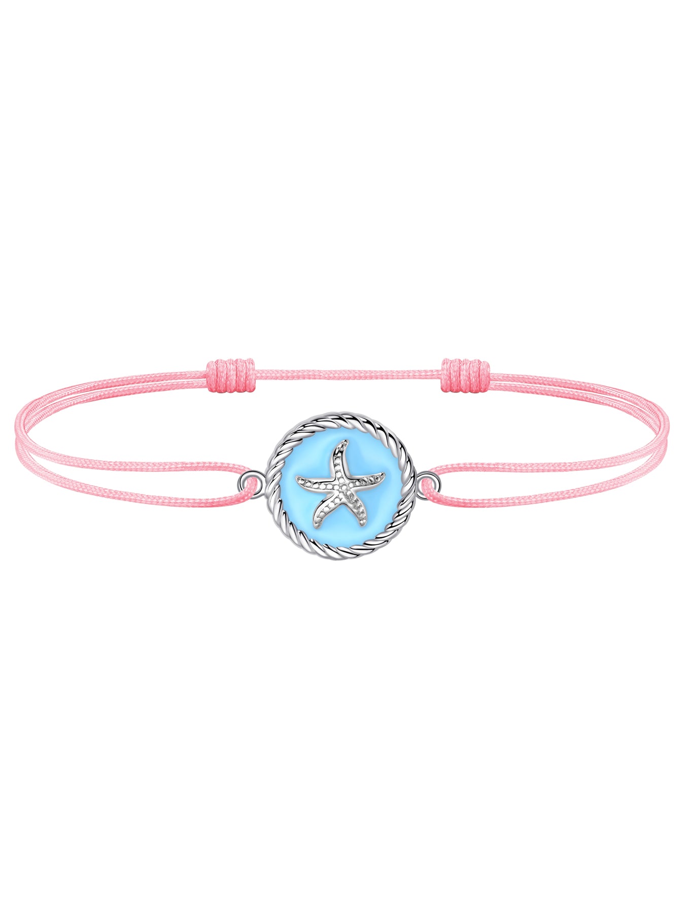 JENDEAR pink starfish anklet with blue enamel silver charm, 925 sterling silver, white background